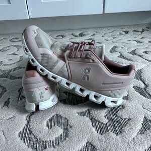 On Running Blush and White Athletic Shoes